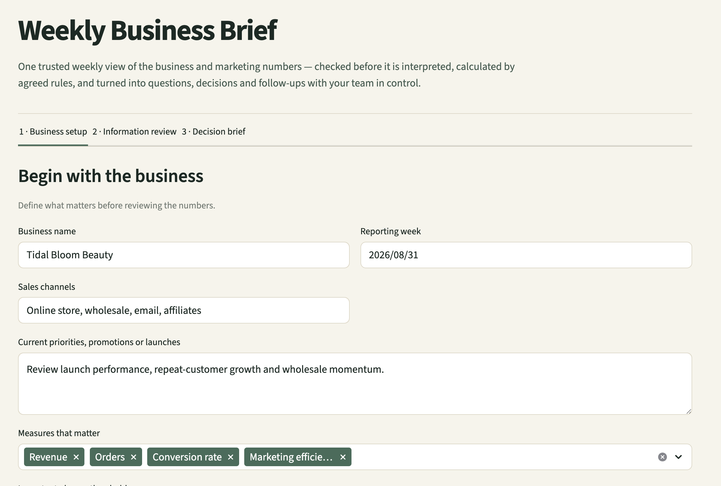 Beauty-brand sample business setup screen